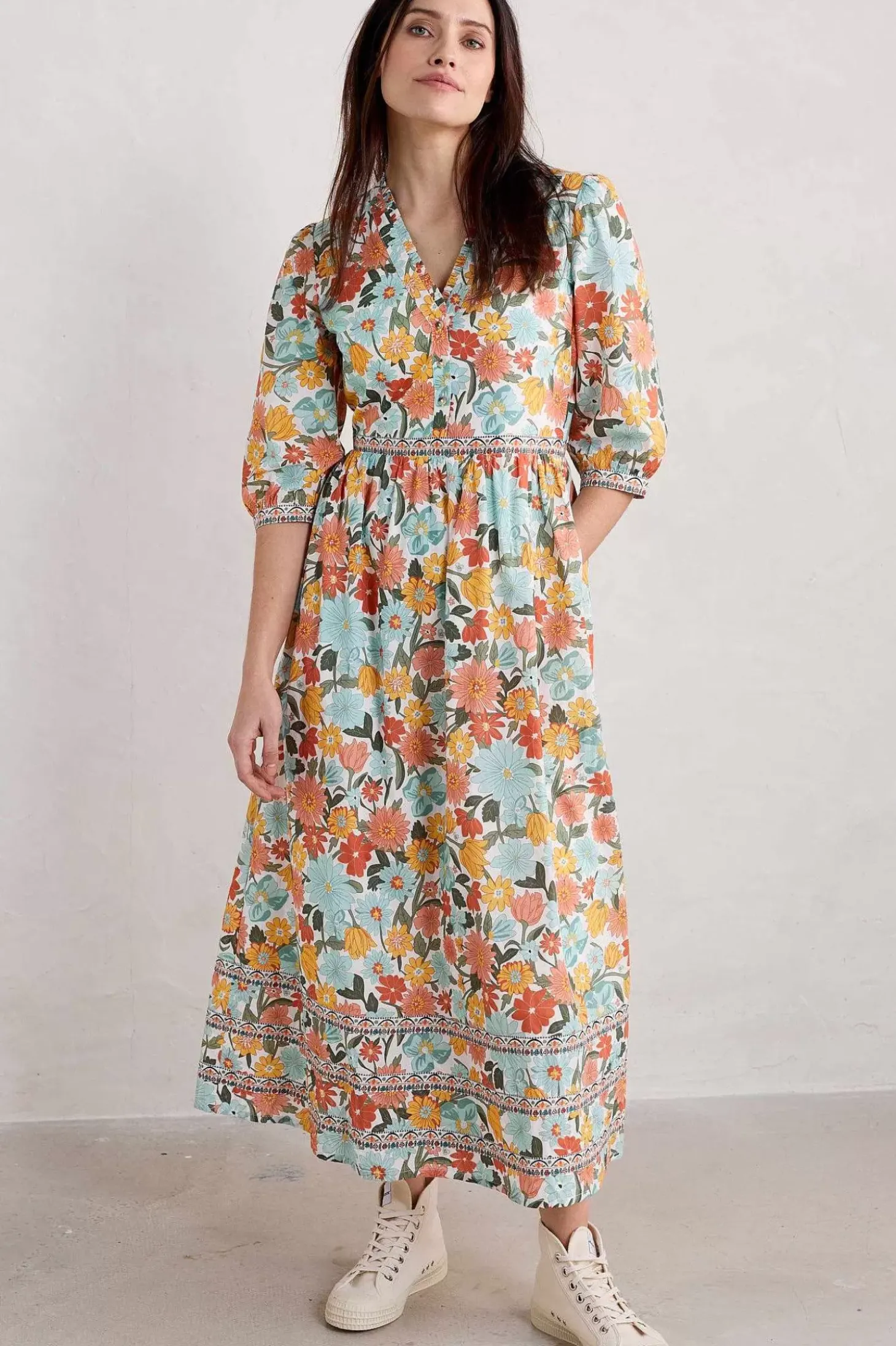 Blue Hills Border V-Neck Floral Dress