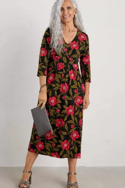 Flower Bud Jersey V- Neck Midi Dress